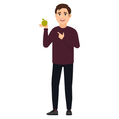 The guy holds on his palm a green apple and points at it with a finger, cartoon character vector illustration