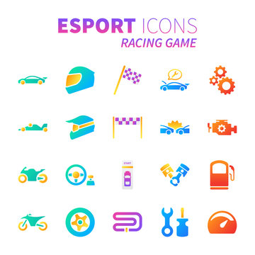 Brilliant colorful gradient icon set of racing video game and esport concept.