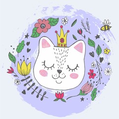 Cute kawaii cat face with glittering crown, flowers. Hand drawing vector illustration