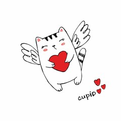 Funny little cat cupid with heart. Illustration of a Valentine's Day. Cat angel with wings. Vector illustration in a cartoon style. Isolated on white background