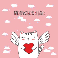 Funny little cat cupid with heart. Illustration of a Valentine's Day. Cat angel. Vector illustration in a cartoon style. Isolated on pink background