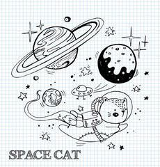 Vector illustration with a funny cat in a spacesuit. Cat astronaut soaring in space. Comic style illustration.