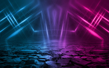 Empty background scene. Dark street reflection on wet asphalt. Rays of neon light in the dark, neon figures, smoke. Background of empty stage show. Abstract dark background.