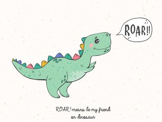 Illustration of cartoon hand drawn sketch dinosaur. Cool Dinosaur for nursery t-shirt, kids apparel, invitation, simple scandinavian child design.