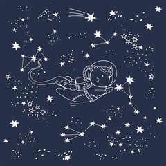 Vector illustration of a cat in space with constellations, shooting stars, hand drawn card, can be used as print for t shirt