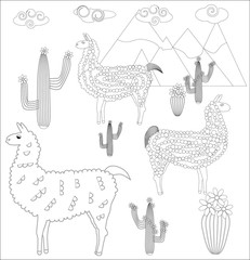 Coloring page of cartoon lama.  illustration, coloring book for kids.