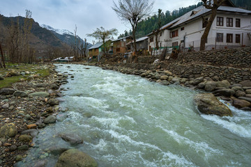 Beautiful landscape of the natural Liddar or Lidder river stream from the Himalayas mountain passing Laripora village Pahalgam is a popular tourist destination Kashmir,India