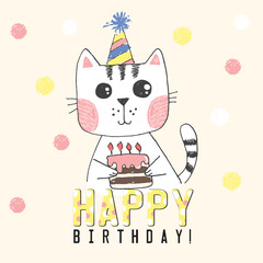 Vector cute kawaii illustration of sketch hand drawn white cat with cake with candles, polka dot lettering happy birthday, striped hat, background with colored snowflakes, greeting card, baby shower