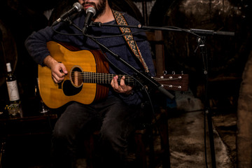 Obraz na płótnie Canvas cantante con guitarra con micrófonos grabaión sonido arto