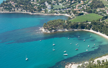 Fototapeta premium View of Cassis town, Cap Canaille rock and Mediterranean Sea from Route des Cretes mountain road, Provence, France