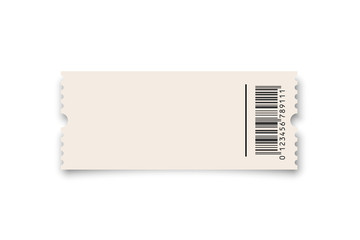 White ticket or coupon with barcode template isolated on white background. Vector design element.