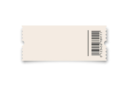 White ticket or coupon with barcode template isolated on white background. Vector design element.