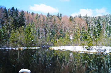 Mountain lake surrounded by coniferous forest covered with white snow on a sunny spring day