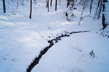 The mountain river flows between the runners covered with snow on a winter day