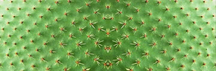 Panoramic picture. Closeup of spines on cactus, background cactus with spines