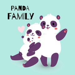 Panda family with adult mother and father with child bear banner vector illustration. Cute mom holding little kid and dad waving with hand. Jungle, forest wildlife, zoo characters.
