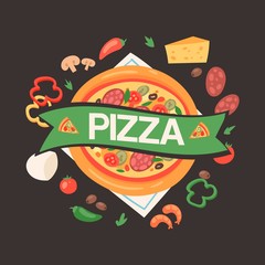 Pizza house with ingredients banner, poster vector illustration. Premium food with sausages, cheese, vegetable such as tomato and pepper, seafood and mashrooms. Tasty meal.