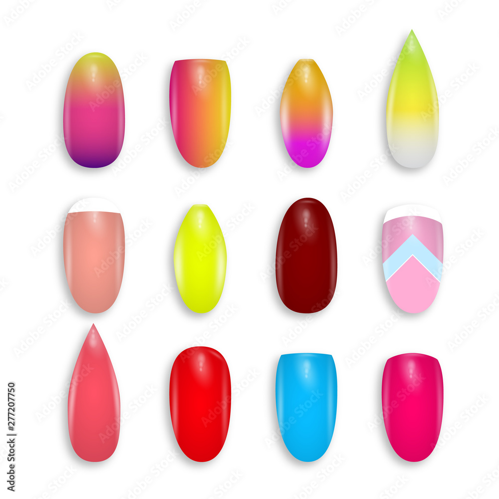 Poster trendy design female manicure. collection of colored painted nails. nail polish isolated on white ba