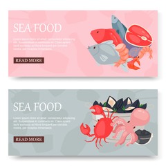 Seafood and fish set of banners vector illustration. Fish salmon steak with lemon, shrimp, squid, octopus, lobster with crabs and tuna. Fresh products for restaurants and cafes.