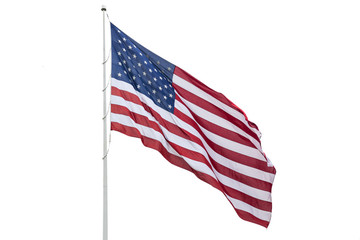 United States flag on a pole waving isolated on white background.