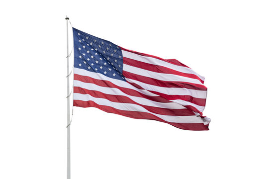 United States flag on a pole waving isolated on white background.