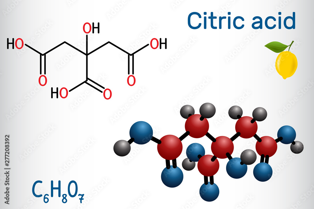 Sticker citric acid molecule, is found in citrus fruits, lemons and limes. is used as additive in food, clea