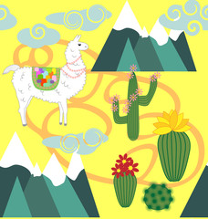 Illustration of seamless pattern with cute cartoon llama alpaca with cactus and design elements on pink background in flat cartoon style.
