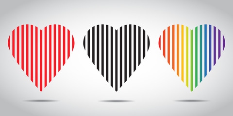 Set of icon with hearts: LGBT colors flag, black red. Vector emblem.