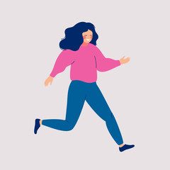 Cartoon smiling woman is a big hurry. Vector illustration of a young girl with loose hair running on a light background
