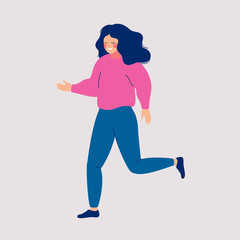 Cartoon smiling woman running. Vector illustration of a young girl with loose hair walking on a light background