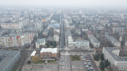  Aerial view of the poor Ukrainian city Kremenchuk. Dullness, boredom, bad hike, dirty air. Drone photography.