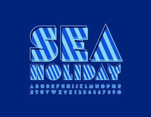 Vector blue logo Sea Holiday with Modern Uppercase Font. Creative Striped Alphabet. Trendy Letters and Numbers set