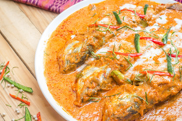 Curry fish spicy sauce and thai herbal. Thai food.