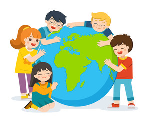  Little cute boy and girl are hugging planet Earth over a white background. Happy Earth Day. Save the earth. Green day. Ecology concept.