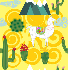 Obraz na płótnie Canvas Illustration of seamless pattern with cute cartoon llama alpaca with cactus and design elements on pink background in flat cartoon style.