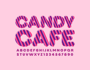 Vector bright logo Candy Cafe. Pink and Violet Striped Font. Trendy Uppercase Alphabet Letters and Numbers
