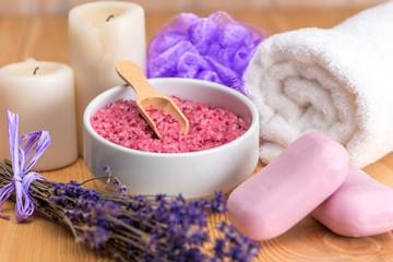 Fototapeta na wymiar lavender cosmetics for spa treatments and relaxation close-ups
