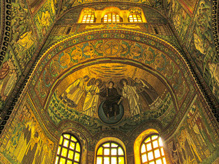 Fototapeta na wymiar RAVENNA, ITALY - NOVEMBER 21, 2012 The Basilica of San Vitale in Ravenna, Italy. Famous Italian Basilica di San Vitale with very beautiful Byzantine mosaic and art is world cultural landmark.