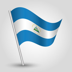 vector waving simple triangle nicaraguan flag on slanted silver pole - symbol of nicaragua with metal stick