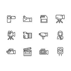 Video, television and movies shooting icon simple symbols set. Contains icon TV report, broadcasting, video camera, news, film, director, reporter, clapperboard and other.