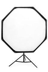 flash with octagonal softbox on the rack, studio equipment close-up on a white background