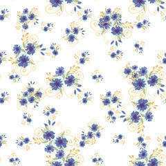 Vintage seamless pattern with field small blue flowers on white background. Flower vector. Romantic floral surface design. Spring landscape.
