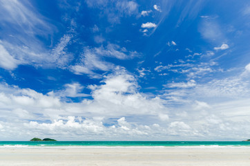 beautiful clear blue sea water on the beach paradise ocean with sky and cloud. vacation background on summer in Thailand coast.
