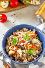 Diet menu. Healthy food. Vegetarian vegetable mushrooms pilaf. Rice with eggplant and mushrooms on stone table. Free space for your text.