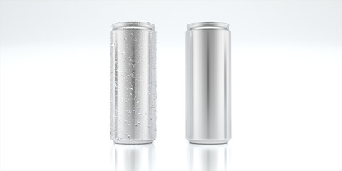 Mockup aluminum can with water droplet on surface can isolated on white background. Empty can packing. 3d rendering.