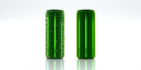 Mockup green aluminum can with water droplet on surface can isolated on white background. Empty can packing. 3d rendering.