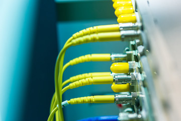 Fiber optics cables patch cord connected on patch panel
