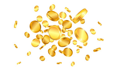 Realistic gold coins explosion isolated on white background. Vector illustration