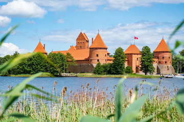 Naklejka premium Medieval castle of Trakai, Vilnius, Lithuania, Eastern Europe, located between beautiful lakes and nature, view from reeds 