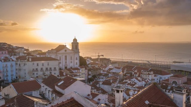 Lisbon Portugal time lapse 4K, city skyline sunrise timelapse at Lisbon Alfama district
